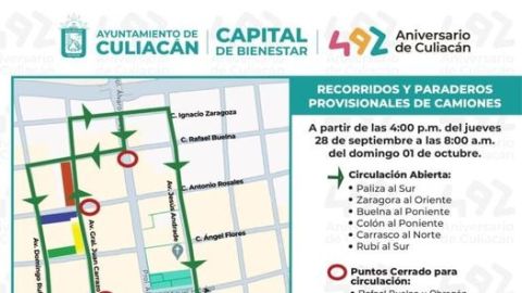 Avisan del cierre de vialidades del centro por los festejos del 492 Aniversario de Culiacán