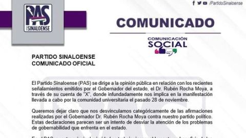 Cuén Ojeda, Presidente Estatal del PAS, realizó comunicado en relación con los señalamientos del Gobernador